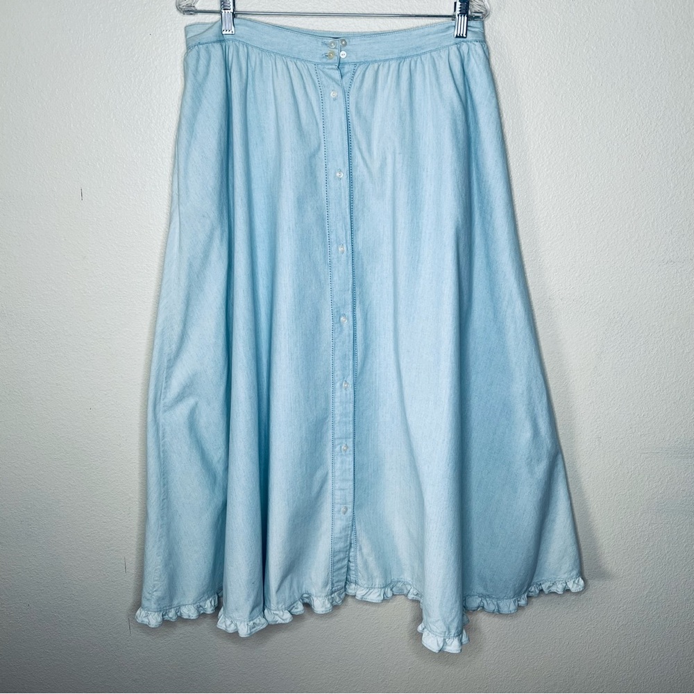 Vintage Lauren Ralph Lauren maxi denim prairie skirt ruffle trim button front 14